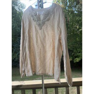 Calligraphie 100% Linen Blouse Women Large Tan Khaki Crochet Embellished V Neck